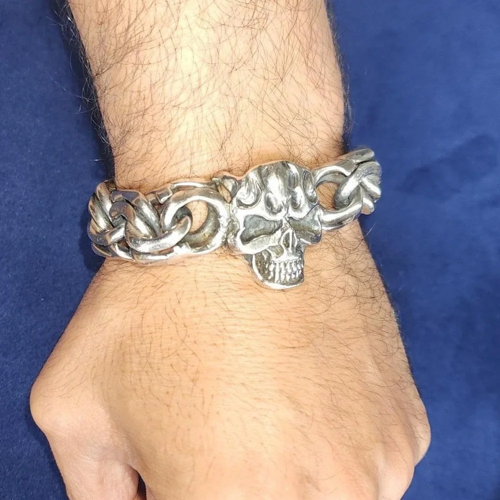 Silver 925 Skull Link Bracelet Mens Gothic Biker Heavy Chain 9 Inch